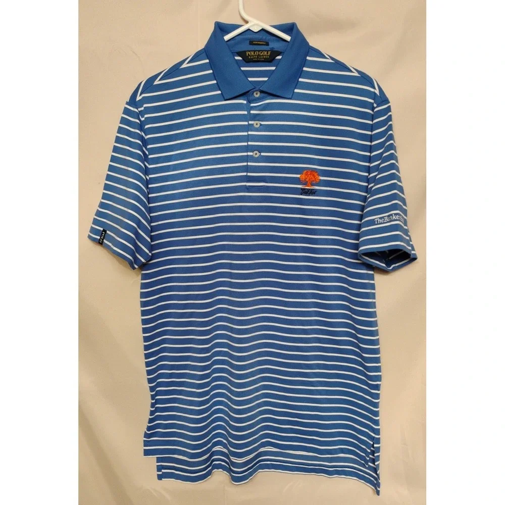 Polo Golf Ralph Lauren Performance Oak Tree Mens MEDIUM Blue White Striped Shirt